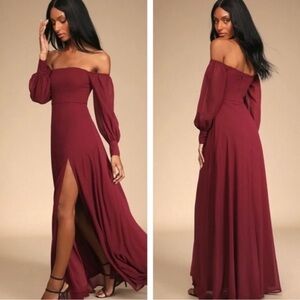 ❗️Lulus Feel The Romance Burgundy Off The Shoulder Maxi Dress​